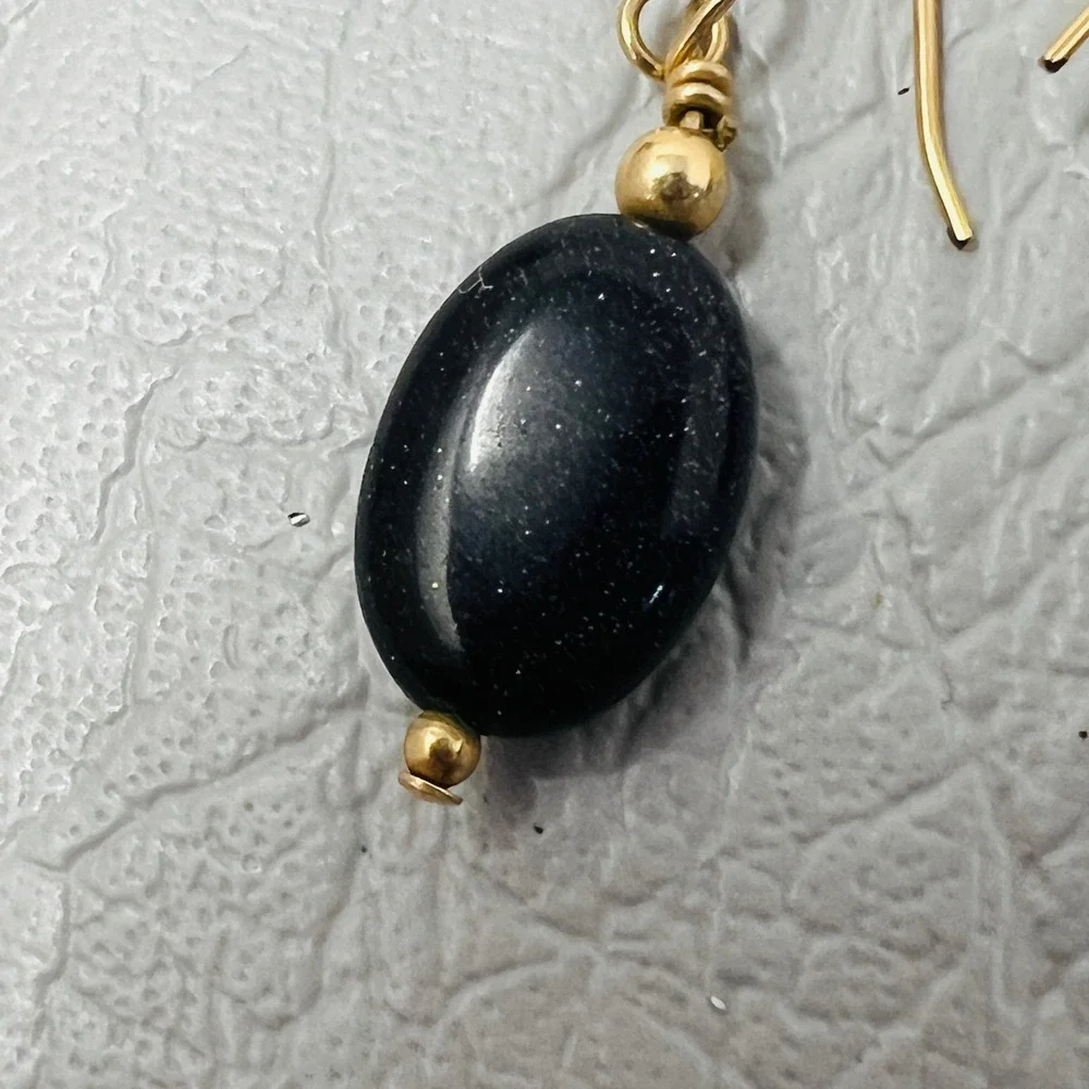 Black Blue Sparkle Pierced Earrings Oval Hook‎ Dangle Drop Minimalist